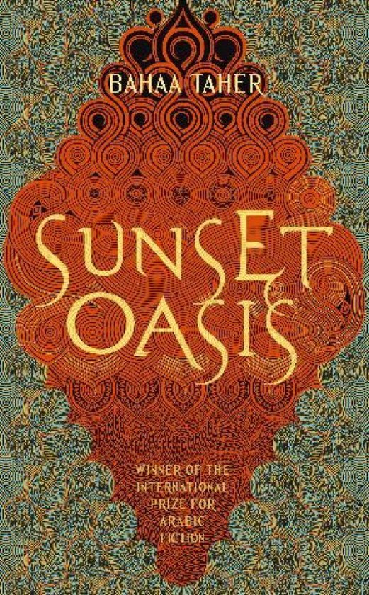 Boek 'Sunset Oasis' met een sierlijke oranje en gouden opdruk op een turkooizen achtergrond.