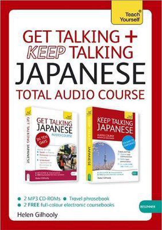 Boek "Get Talking + Keep Talking Japanese Total Audio Course" met twee audio-cursussen in een verpakking. Bevat "Get Talking Japanese" en "Keep Talking Japanese".