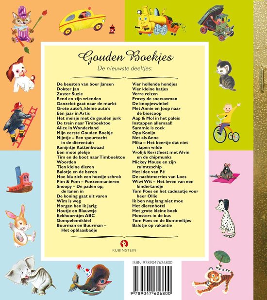 Achterkant Gouden Boekje met lijst van titels en vrolijke illustraties van dieren in de rand, ISBN 9789047626800.