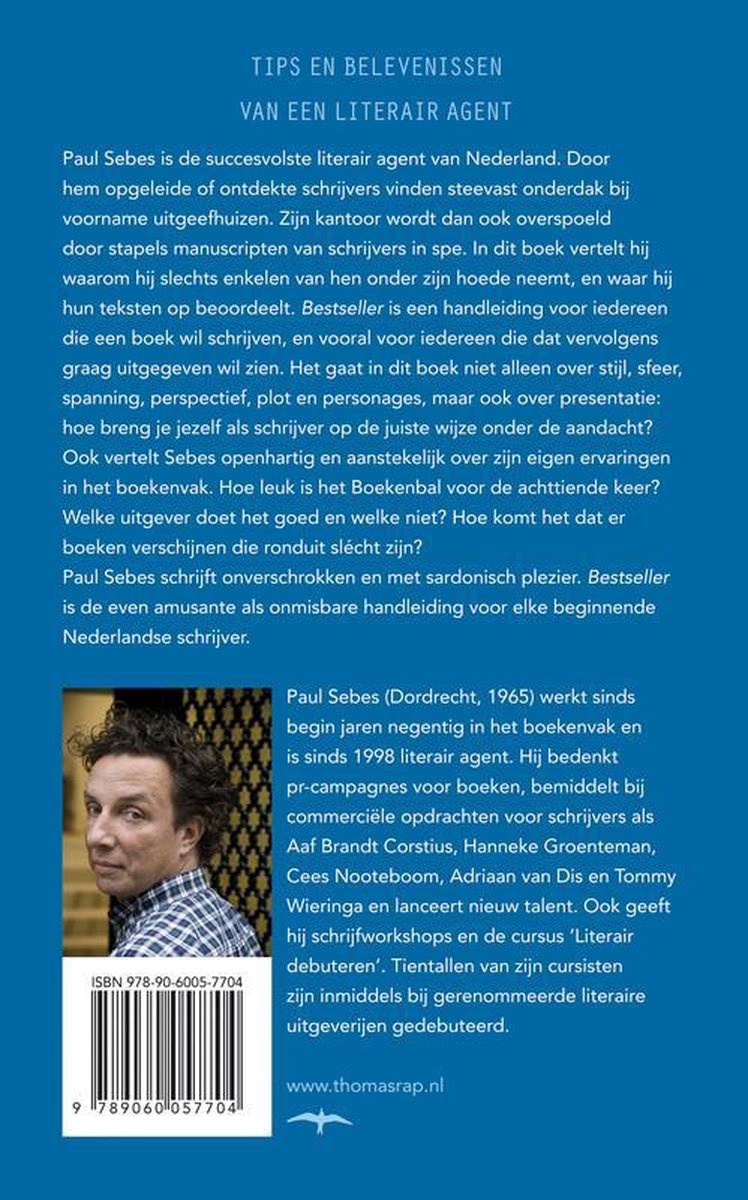 Achterkant van een boek met tekst en een foto van Paul Sebes.
