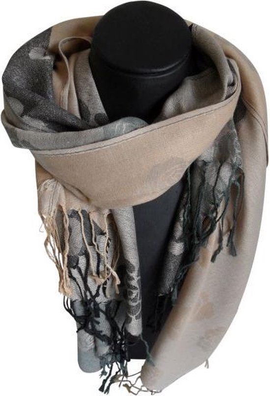 Mooie hippe sjaal van pashmina kleuren grijs zwart creme beige met bloemen  lengte 180... | bol.com