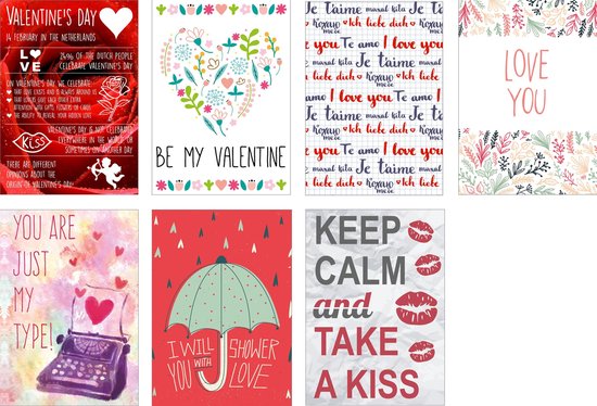 Valentijnskaarten - Set van 7 x Wenskaart - Valentijn en Liefde
