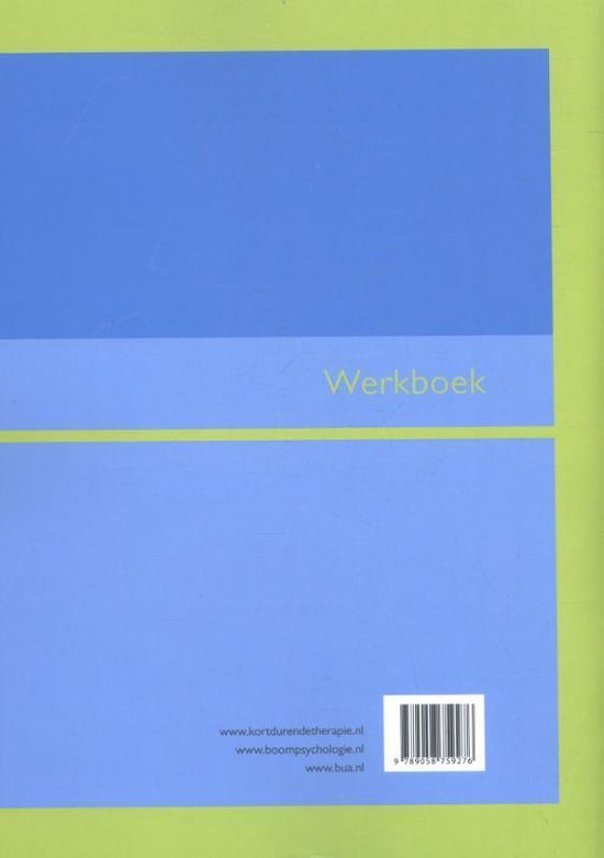 Achterkant van een blauwe werkmap met gele streep, websites en ISBN-nummer.