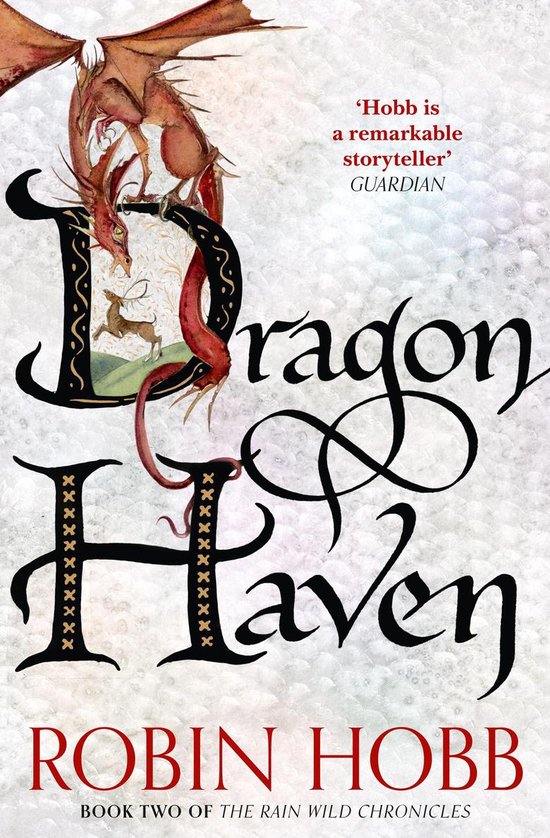 Boekomslag van 'Dragon Haven' van Robin Hobb, met een rode draak die over de titel hangt. Daarin een hertje.