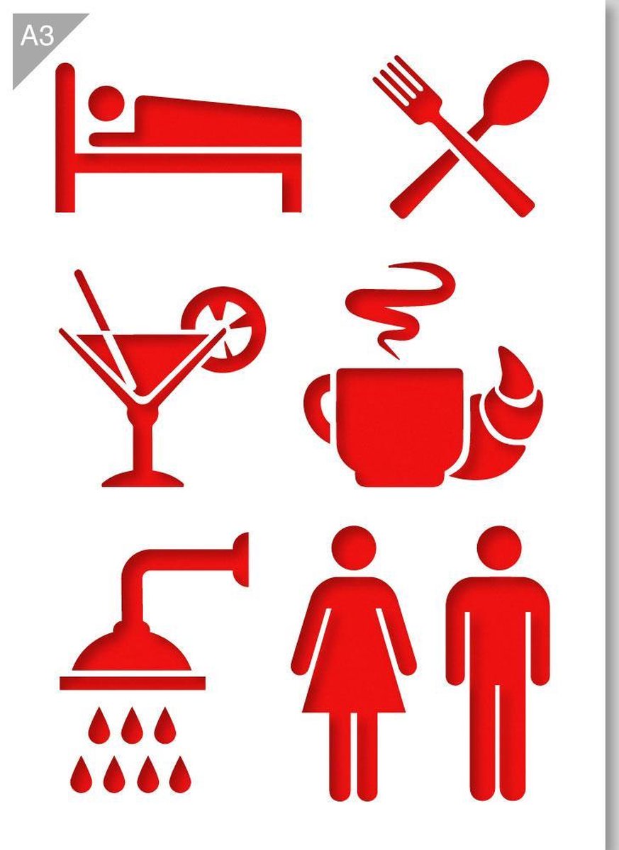 Horeca bewegwijzering sjabloon - Kunststof A3 stencil - Kindvriendelijk sjabloon geschikt voor graffiti, airbrush, schilderen, muren, meubilair, taarten en andere doeleinden