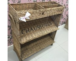 Rieten Schoenenrek - 70x29xH80 cm - Tekst “Chaussures” - Rustic Rattan - Landelijke Stijl - Decoshoppen.nl
