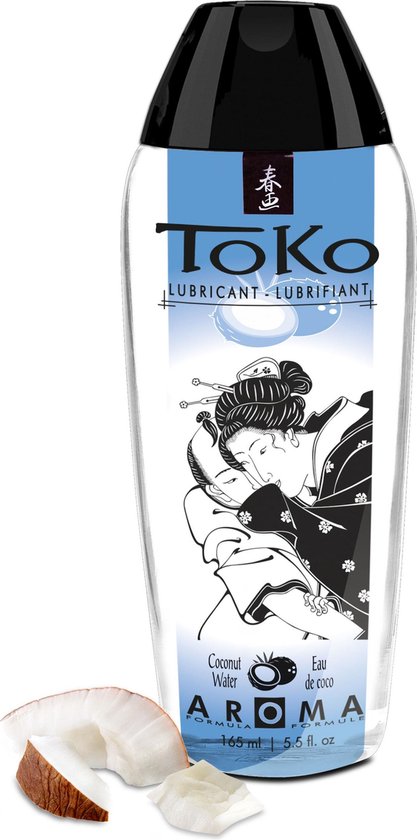 Lubrifiant Toko Aroma eau de coco avec illustration japonaise, texte et morceaux de coco.