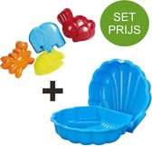 Zandbak schelp en 4 dierenvormpjes in de kleuren blauw, groen, geel en oranje