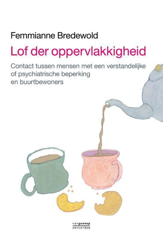 Boekomslag met de titel 'Lof der oppervlakkigheid' in roze en paars, met illustratie van een theepot die thee schenkt in twee mokken met koekjes.