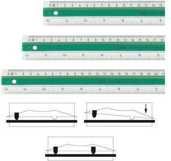 Drie Linex linialen van 15cm, 15cm en 21cm met groene band en markeringen. Drie illustraties tonen gebruik.