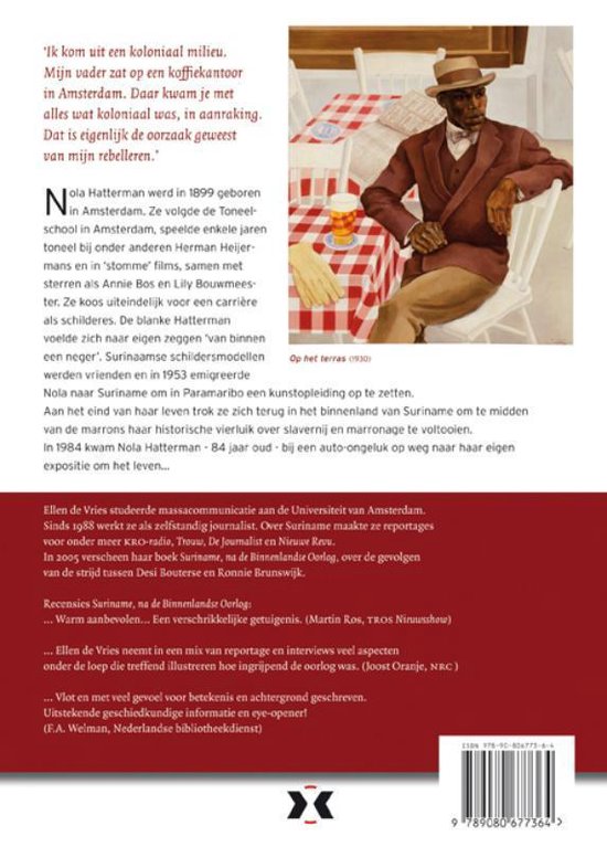 Achterkant van het boek Nola, met een schilderij getiteld Op het terras (1930) en biografische tekst over Nola Hatterman.