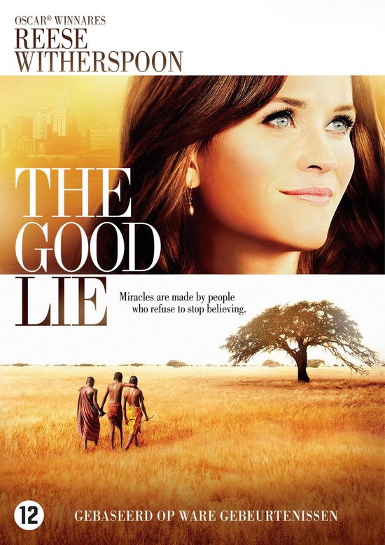 Reese Witherspoon op de poster van The Good Lie. Op de achtergrond lopen drie mannen door een savanne met een boom.