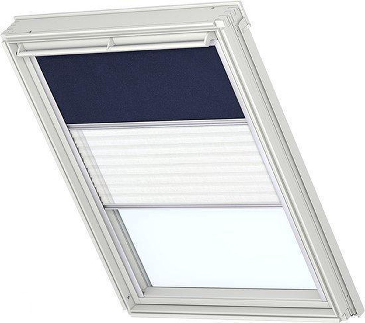 VELUX Verduisterend rolgordijn plus plissé - Donkerblauw en Wit - Handbediend - Raamcode: 1, 304 en M04 - Raamtype: GGL, GHL, GPL, GGU en GPU