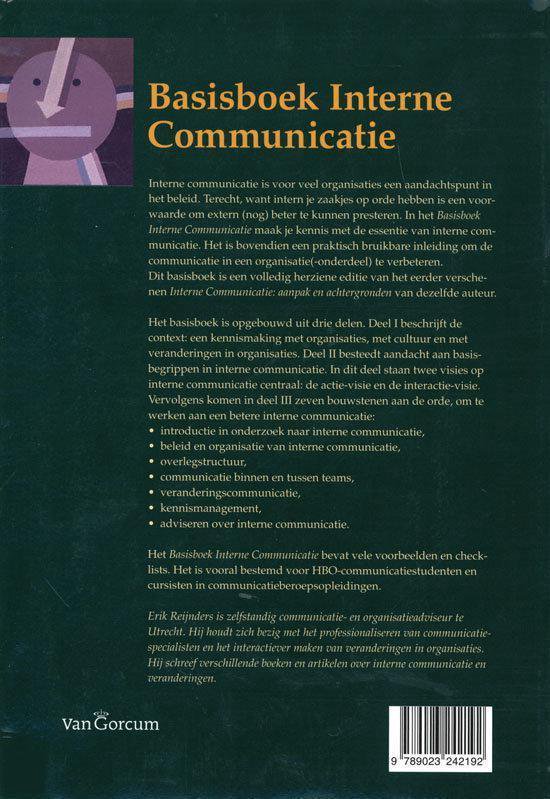 Achterkant van het boek 'Basisboek Interne Communicatie' met een samenvatting.