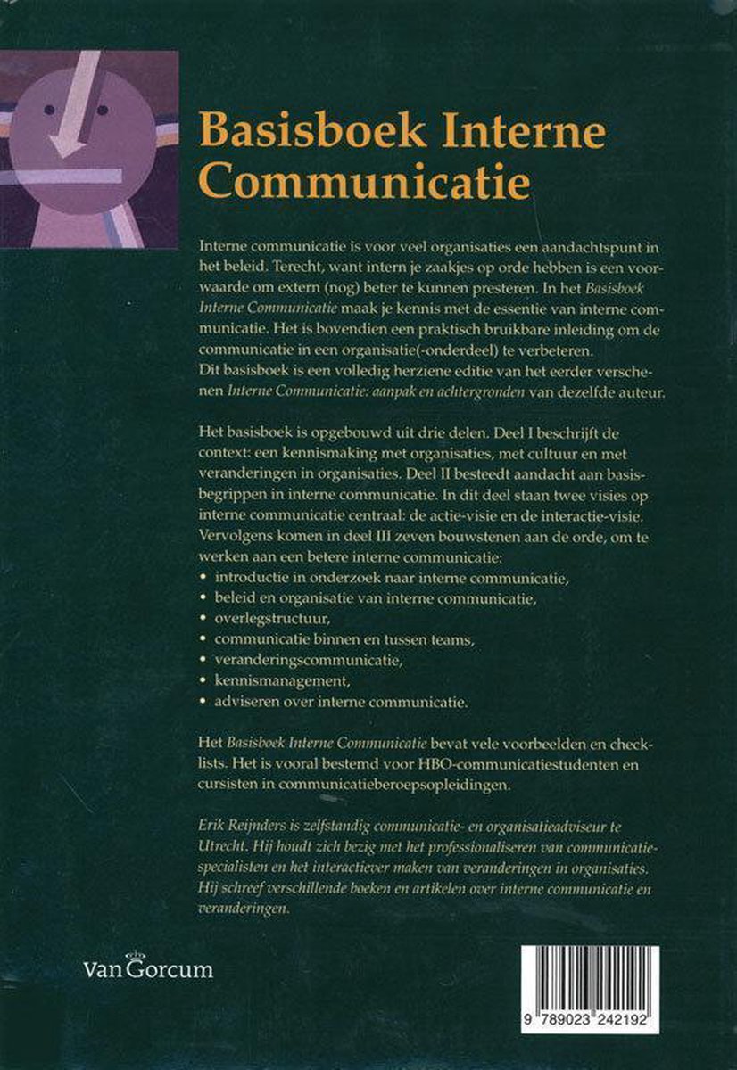 Achterkant van het boek 'Basisboek Interne Communicatie' met een samenvatting.