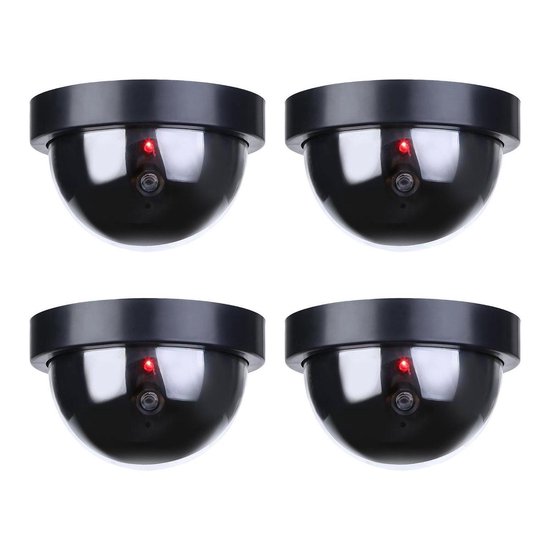 Premium 4x Dummy LED Beveiligingscamera Set met Bewegingssensoren – 12x8cm – Zwart – 4 Stuks | Draadloze Nepcamera Met Rode Led op Batterijen | Knipperende Camera Beveiliging Voor Binnen en Buiten | Buitencamera | CCTV Dome Bewakingscamera