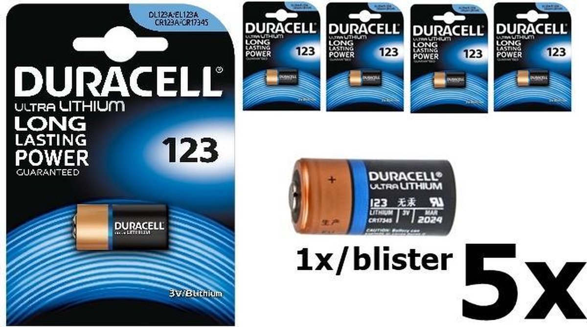 5 Stuks - Duracell CR123 CR123A Lithium Blister Pack