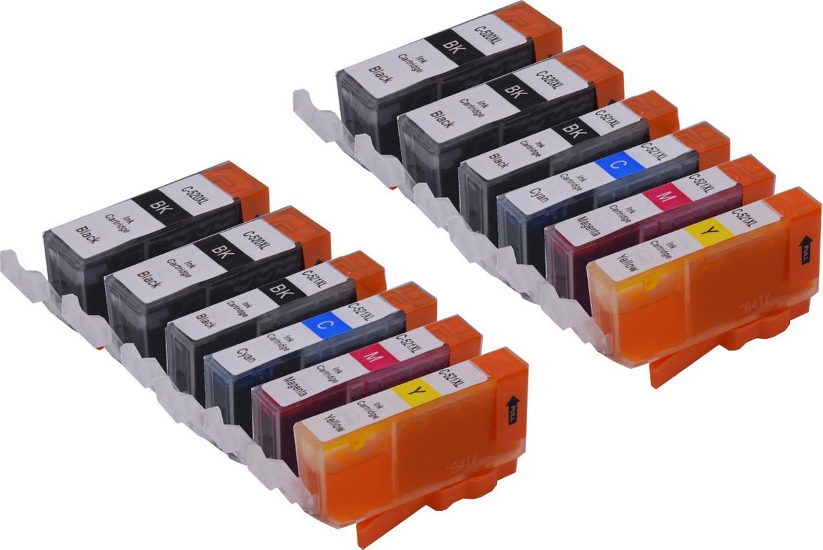 KATRIZ huismerk inkt voor Canon 4x PGI520BK + 2x CLI521BK + 2x CLI521 Cyaan + 2x CLI521 Magenta + 2x CLI521 Geel (12stuks)  - Met chip