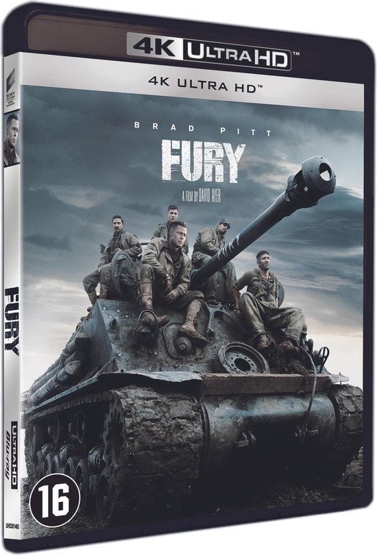 Hoes van de "Fury" 4K Ultra HD Blu-ray met 5 militairen op een tank. "Fury" en "Brad Pitt" in grote letters.