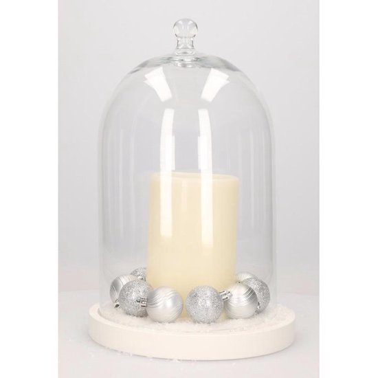 Kerst woondecoratie stolp met LED kaars en zilveren kerstballen