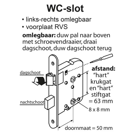 Technische tekening van een toiletdeurslot met afmetingen en instructies.