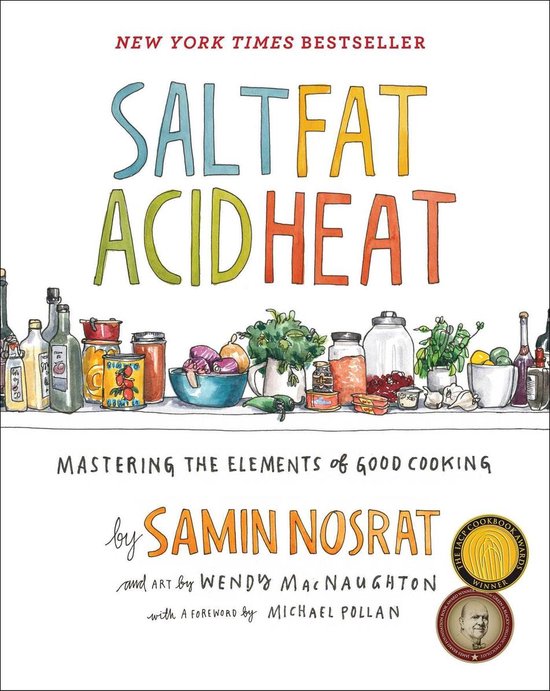 Boekomslag van "Salt, Fat, Acid, Heat" met de titel in kleurrijke letters en een illustratie van ingrediënten.