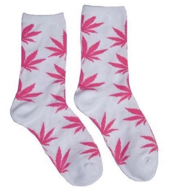 Wit met rose Cannabis sokken - wit met roze wiet bladeren - 1 paar - maat 36 tot 42