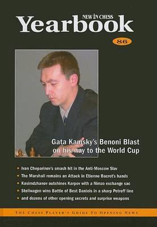 Cover van het New In Chess Yearbook 86 boek met een portret van Gata Kamsky en schaakgerelateerde tekst.