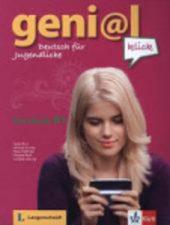 Couverture de livre avec le titre 'geni@l klick' et une jeune femme regardant son téléphone.