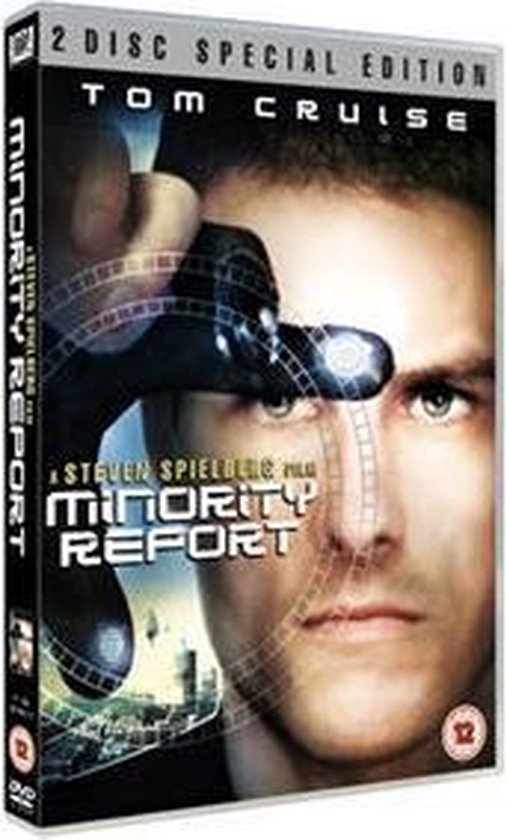 DVD-hoes van Minority Report met Tom Cruise, met de tekst '2 DISC SPECIAL EDITION MINORITY REPORT A STEVEN SPIELBERG FILM'