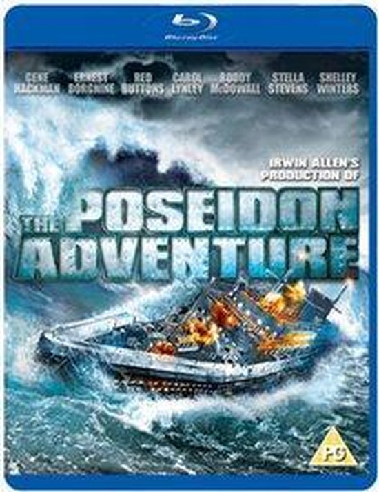 De Blu-ray hoes van The Poseidon Adventure toont een schip dat omgeslagen is op de golven van een stormachtige zee. De titel staat groot in de afbeelding.