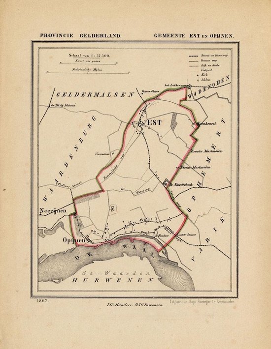 Historische kaart, plattegrond van gemeente Est en Opijnen in Gelderland uit 1867 door Kuyper van Kaartcadeau.com