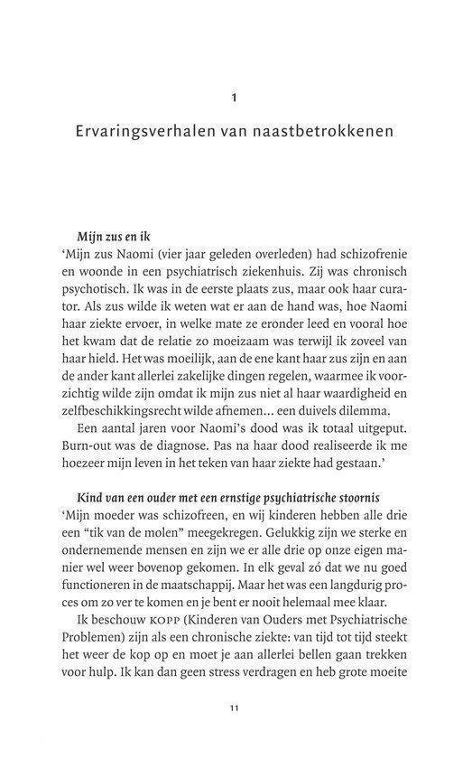 Tekstpagina uit een boek met de titel 'Ervaringsverhalen van naastbetrokkenen' en twee verhalen: 'Mijn zus en ik' en 'Kind van een ouder met een ernstige psychiatrische stoornis'.