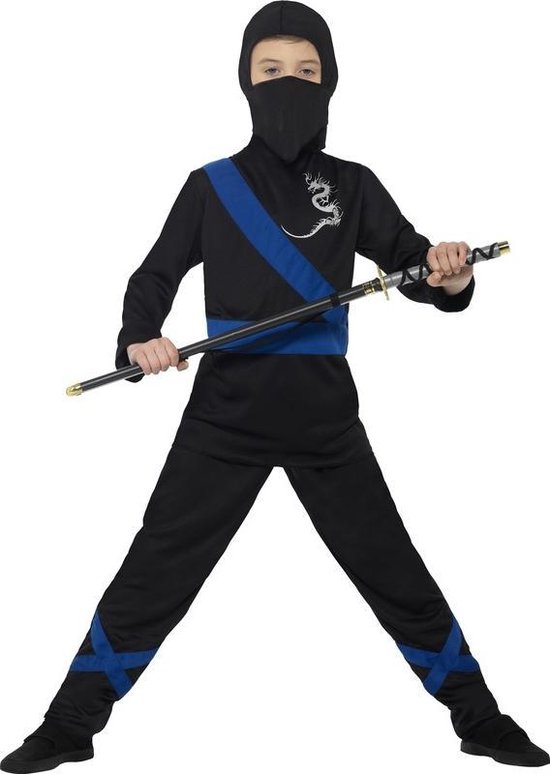 bol.com | Ninja kostuum zwart/blauw voor kinderen - verkleedpak 115-128  (4-6 jaar)