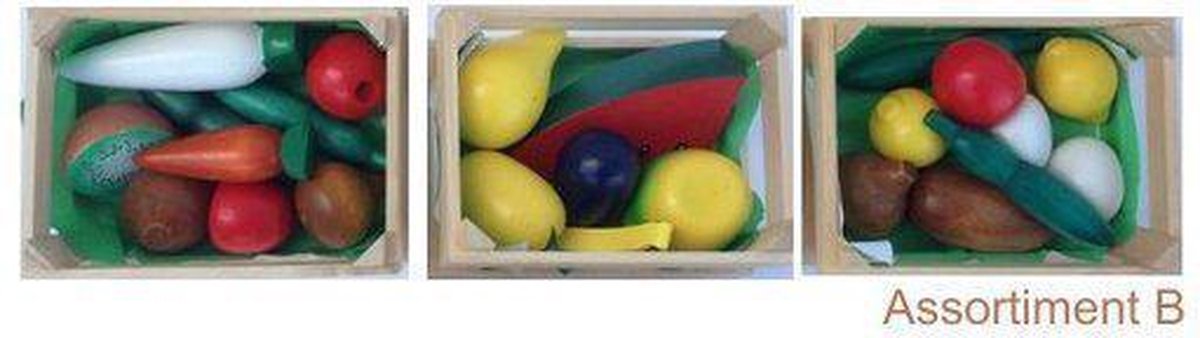 | set van 3 kratjes met houten groente en fruit Vrolijk gekleurde kratjes 2+1 gratis en nog meer