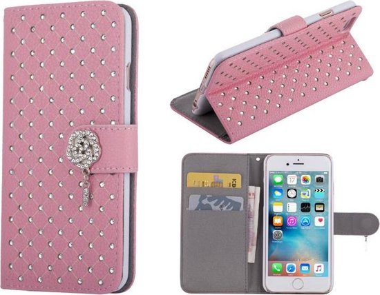 iPhone 6/6S Bookcase Hoesje Diamantjes Roos Roze