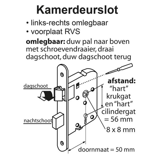 Technische tekening van een kamerdeurslot met afmetingen: hart kruk/cilinder 56 mm, 8x8 mm en doornmaat 50 mm. Links-rechts omlegbaar.