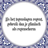 Tegeltje met Spreuk (Tegeltjeswijsheid): Als het tegenslagen regent, gebruik dan je glimlach als regenscherm + Kado verpakking & Plakhanger