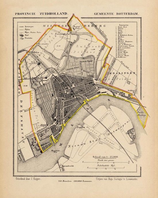 Historische kaart, plattegrond van gemeente Rotterdam in Zuid Holland uit 1867 door Kuyper van Kaartcadeau.com