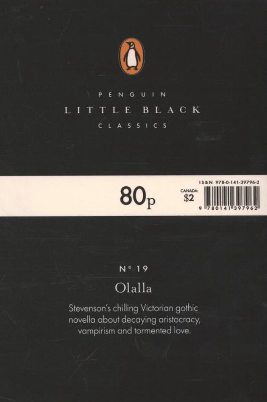 Achterkant van Penguin Little Black Classics editie van Olalla door Robert Louis Stevenson. Prijs: 80p / $2.