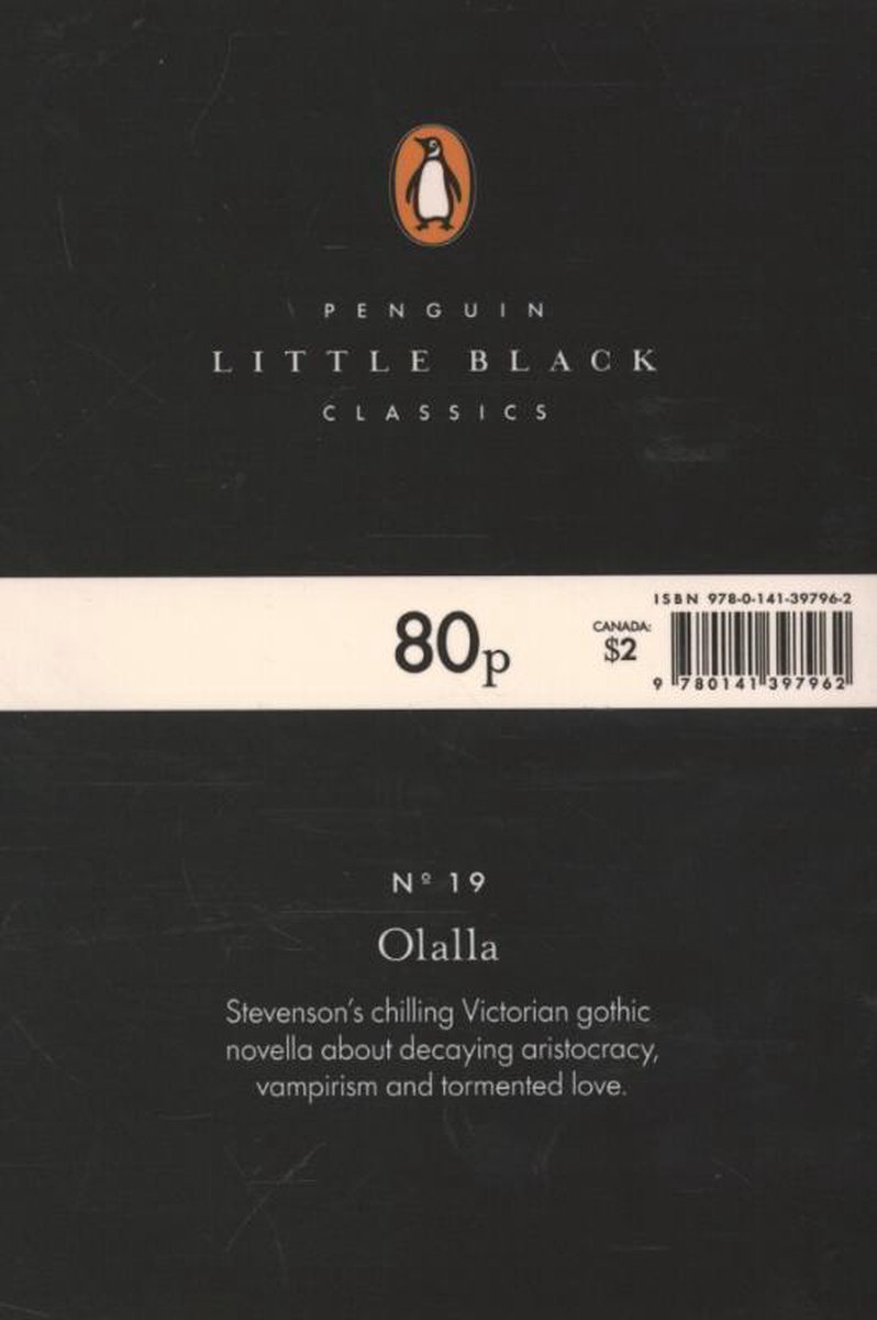Achterkant van Penguin Little Black Classics editie van Olalla door Robert Louis Stevenson. Prijs: 80p / $2.