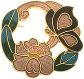 Behave® Dames Broche rond met bloem en vlinder bruin groen - emaille sierspeld -  sjaalspeld  4 cm