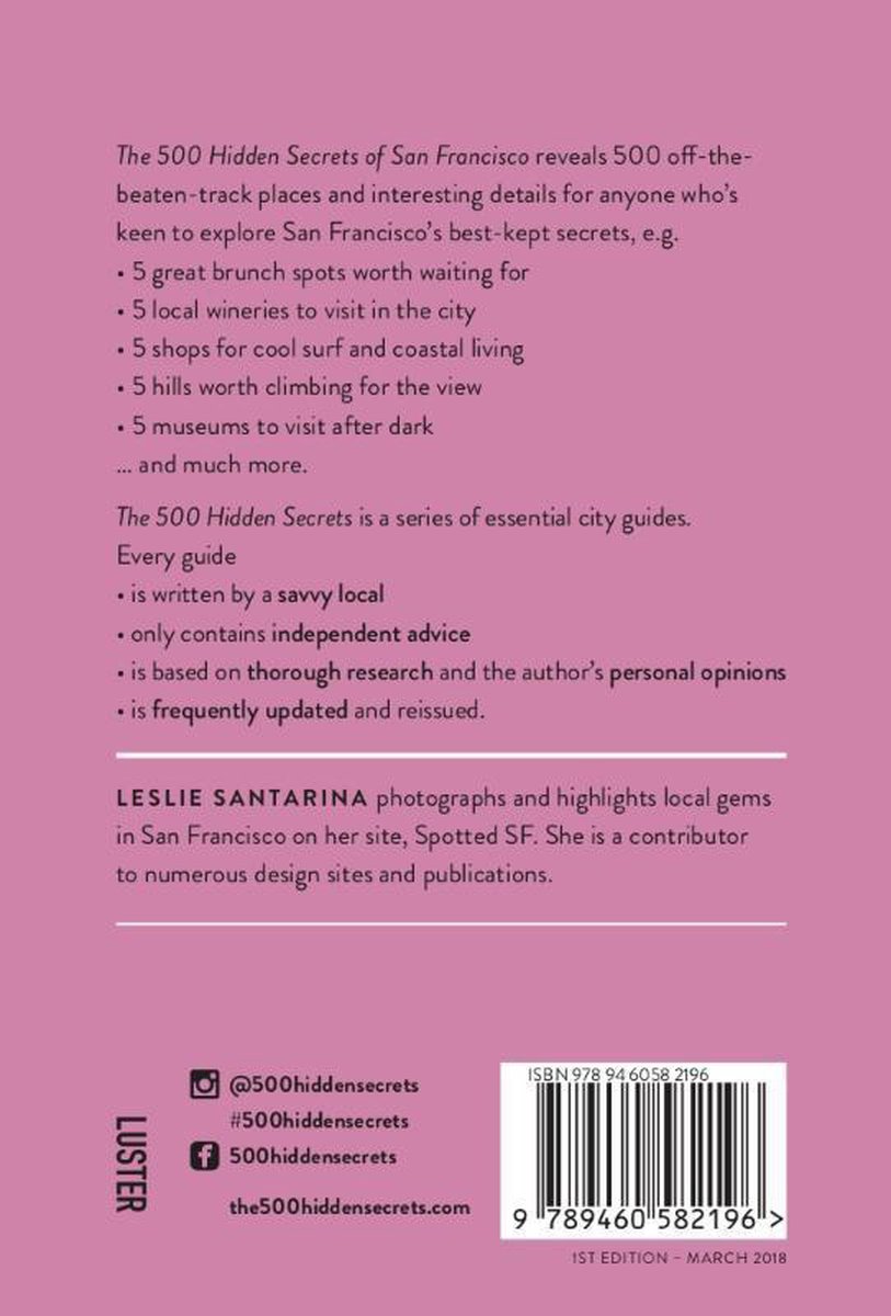 Achterkant van het boek 'The 500 Hidden Secrets of San Francisco' met een beschrijving van de inhoud en auteursinformatie.