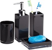 Relaxdays badkameraccessoires vierdelig - badkamer set modern - kunststof - zeeppompje - zwart
