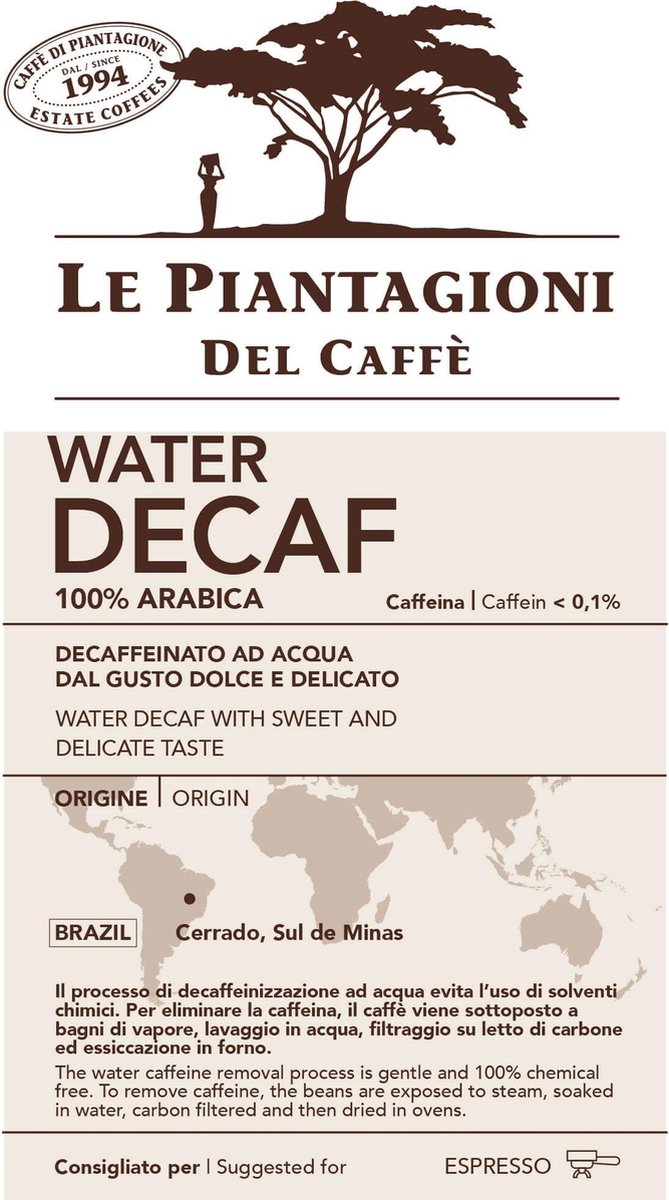 Le Piantagioni del Caffè Water Decaf Koffiebonen - 250 gram