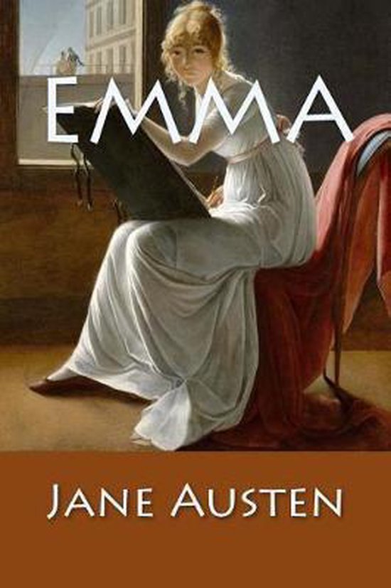 Boekcover van Emma van Jane Austen, met een schilderij van een vrouw in een witte jurk die tekent.