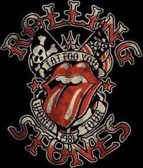 Zwart T-shirt met rode en beige "Tattoo You World Tour 1981" opdruk.
