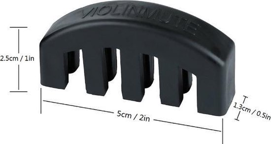 Zwarte viooldemper met "VIOLINMUTE" tekst, 5cm breed, 2.5cm hoog en 1.3cm dik.