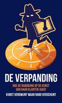 Silhouet van een detective met hoed, die een schilderij vasthoudt en op een kompas loopt. Tekst: DE VERPANDING.