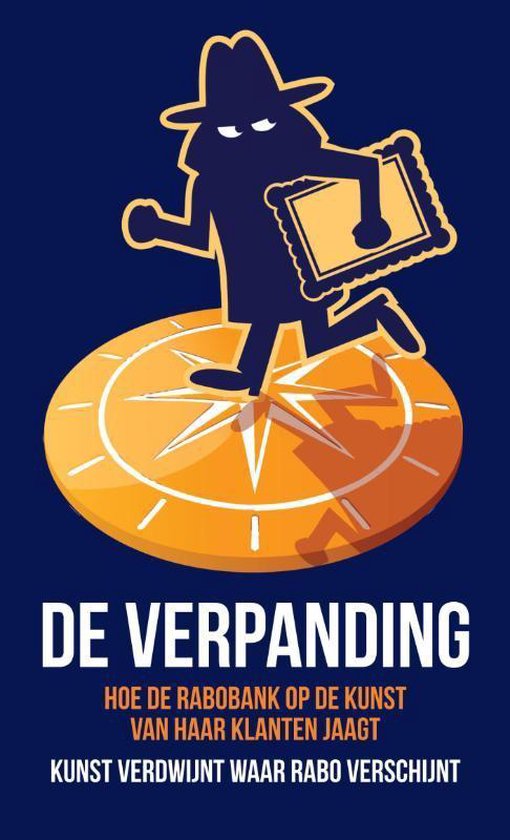 Silhouet van een detective met hoed, die een schilderij vasthoudt en op een kompas loopt. Tekst: DE VERPANDING.
